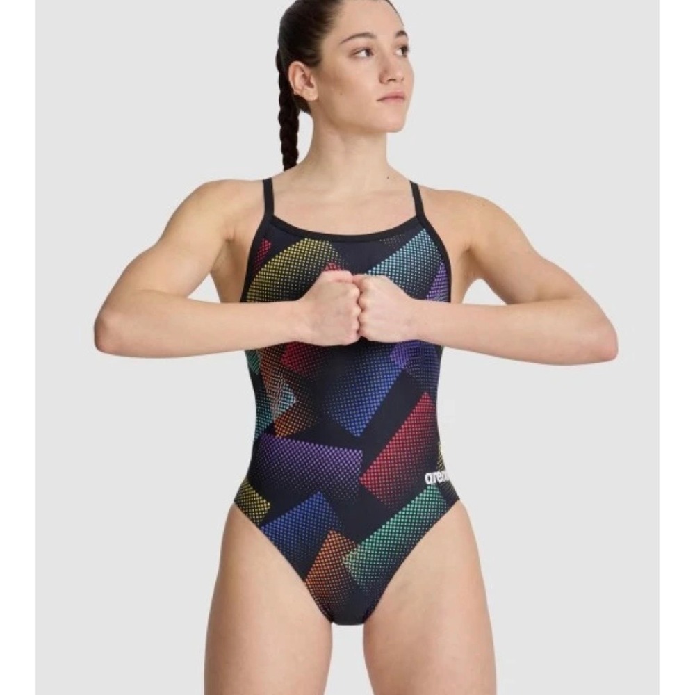Arena Women Halftone Challenge Back Swimsuit Black Multi Rainbow One Piece Sz 40